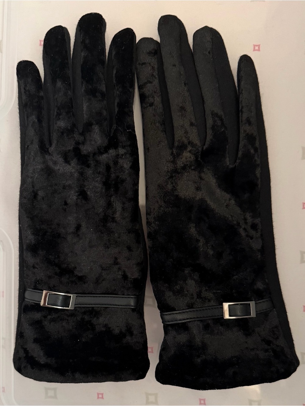 Black Plush Winter Gloves with Accent Buckle